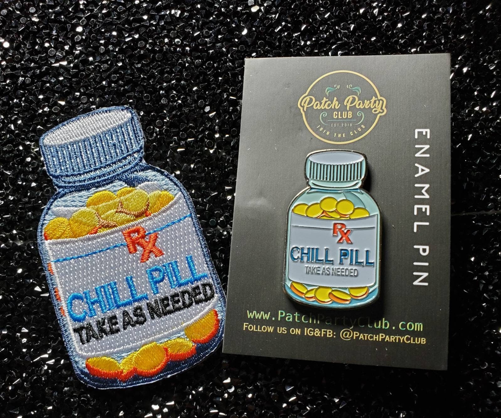 Patch & Pin Set, 2-pc Vintage Chill Pill Enamel Pin and Embroidered Patch, DIY for Jackets, Hats, and Clothing, 1.50" Pin and 3" Patch