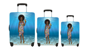 Girls Trip, Blue Spandex Luggage Cover, "Black Girls Travel Too," Luggage Cover for Travelers; Gifts for Wanderlust, Cute Suitcase Cover