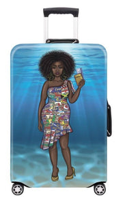 Girls Trip, Blue Spandex Luggage Cover, "Black Girls Travel Too," Luggage Cover for Travelers; Gifts for Wanderlust, Cute Suitcase Cover