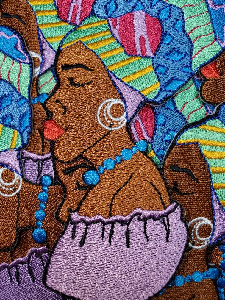 Beautiful, Purple Afrocentric "Mother of the Earth" 4" Iron-on Patch; Headwrap Queen, Black Girl Magic Patch, Kente Cloth Head Wrap