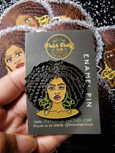 Soul Queen, 2-pc Enamel Pin & Patch Set, Black Girl with 4C Hair and "Soul" Earrings, Iron on, Accessories for Bags, Jackets, Shoes, DIY