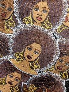 Beautiful, "Soul Queen" with 4c Hair and Gold Metallic Earrings, Can Be Ironed or Sewn on, Embroidered Patch, Exclusive Applique, Size 4"