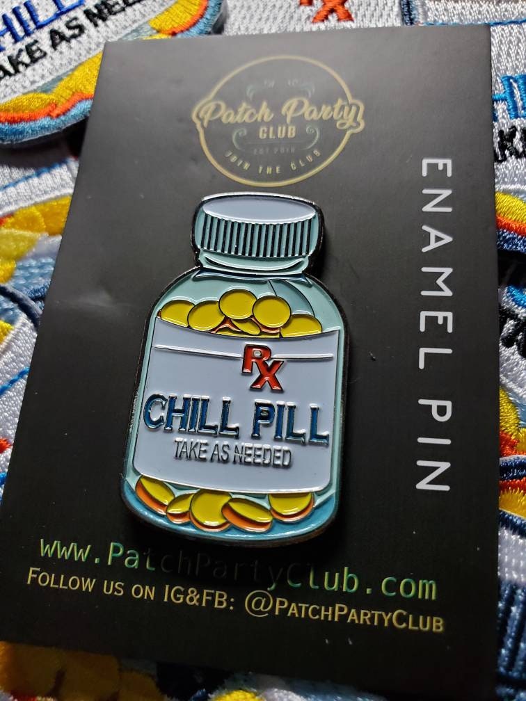 Patch & Pin Set, 2-pc Vintage Chill Pill Enamel Pin and Embroidered Patch, DIY for Jackets, Hats, and Clothing, 1.50" Pin and 3" Patch