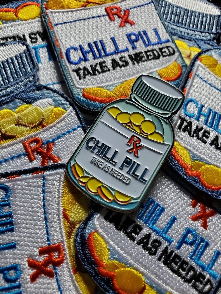 Patch & Pin Set, 2-pc Vintage Chill Pill Enamel Pin and Embroidered Patch, DIY for Jackets, Hats, and Clothing, 1.50" Pin and 3" Patch