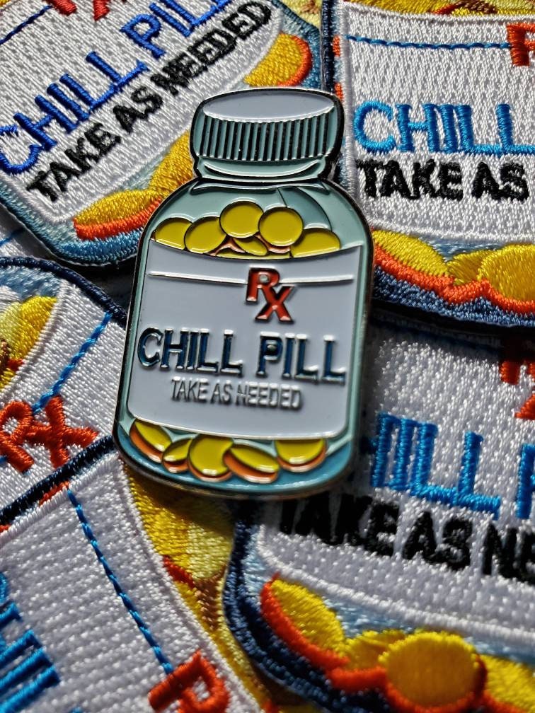 Patch & Pin Set, 2-pc Vintage Chill Pill Enamel Pin and Embroidered Patch, DIY for Jackets, Hats, and Clothing, 1.50" Pin and 3" Patch