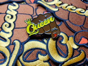 Patch & Pin Set 2-pc, Pin Feminist, "Queen Fist with  Crown" Exclusive Lapel Pin, Black Queen Fist Enamel Pin, Size 1.50" Pin and 4" Patch