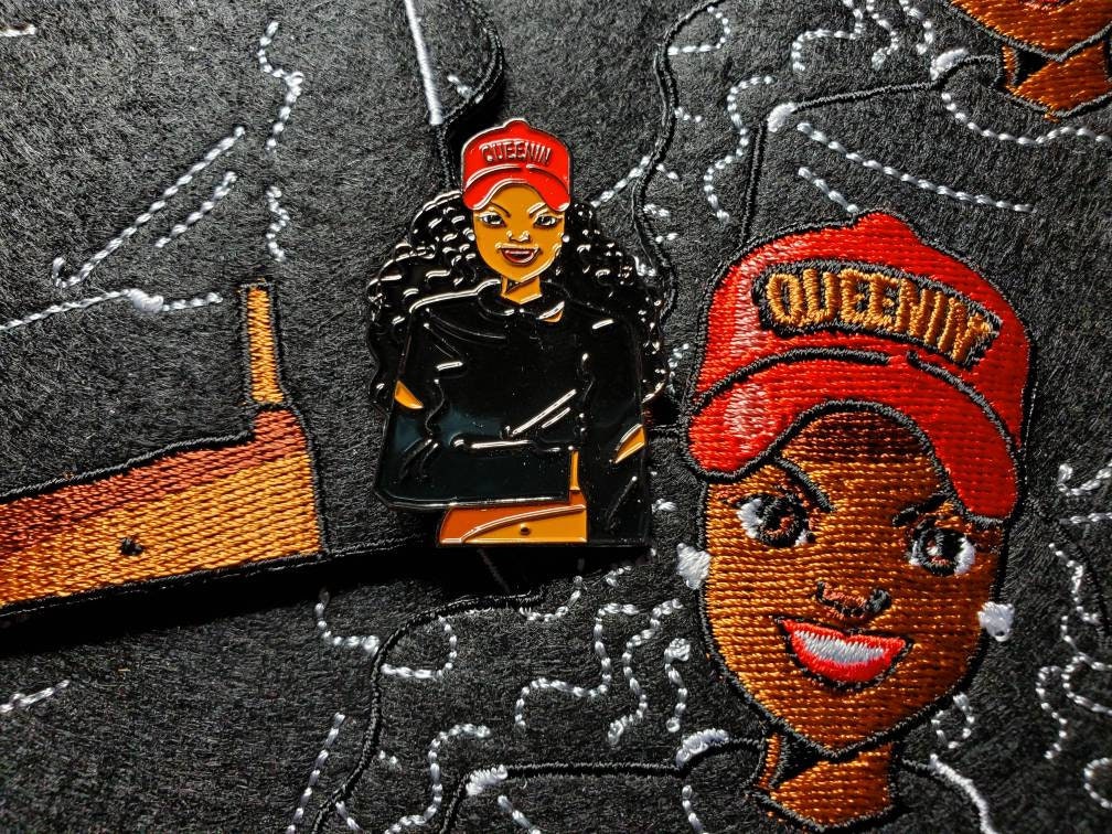 Pin Feminist, 2 pc Set "Queenin" Exclusive Lapel Pin & Embroidered Patch, Black Queen, Pin Size 1.77 inches, 5" Iron on Patch