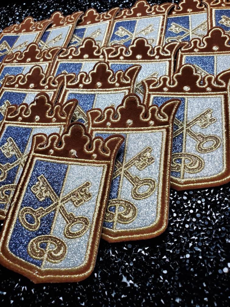 2-pc Set, "Gold Key" Gold, Silver, and Blue Metallic Royalty Crest with Brown Velvet, Small Emblem, Embroidered Patch, Iron-On, Size 3", DIY