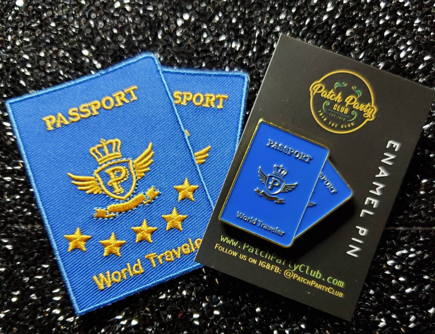 World Traveler Embroidered Patch & Enamel Pin 2-pc Passport Set, Iron on Patch and Lapel Pin, Gift Set for Travelers