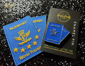 World Traveler Embroidered Patch & Enamel Pin 2-pc Passport Set, Iron on Patch and Lapel Pin, Gift Set for Travelers