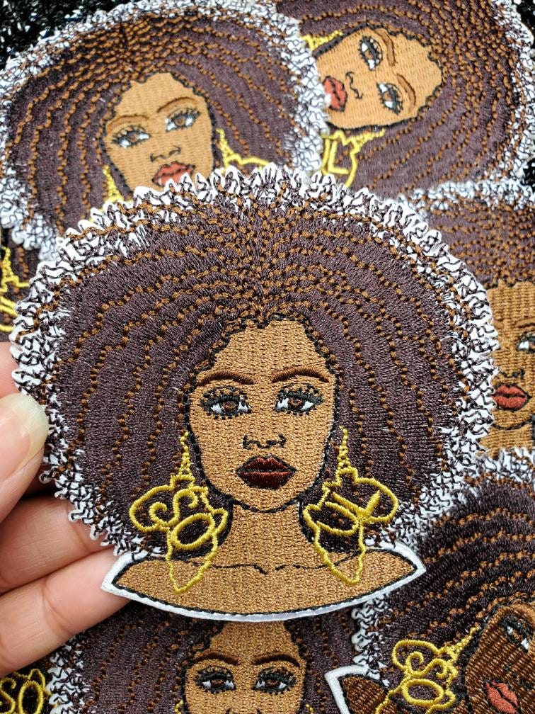 Soul Queen, 2-pc Enamel Pin & Patch Set, Black Girl with 4C Hair and "Soul" Earrings, Iron on, Accessories for Bags, Jackets, Shoes, DIY