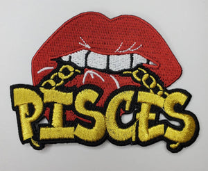 Poppin' Red Lip "Pisces" w/Gold Metallic Chain|Iron-On Patch|Astrology Applique|Cool Embroidered Patch|DIY Patch for Denim & Accessories