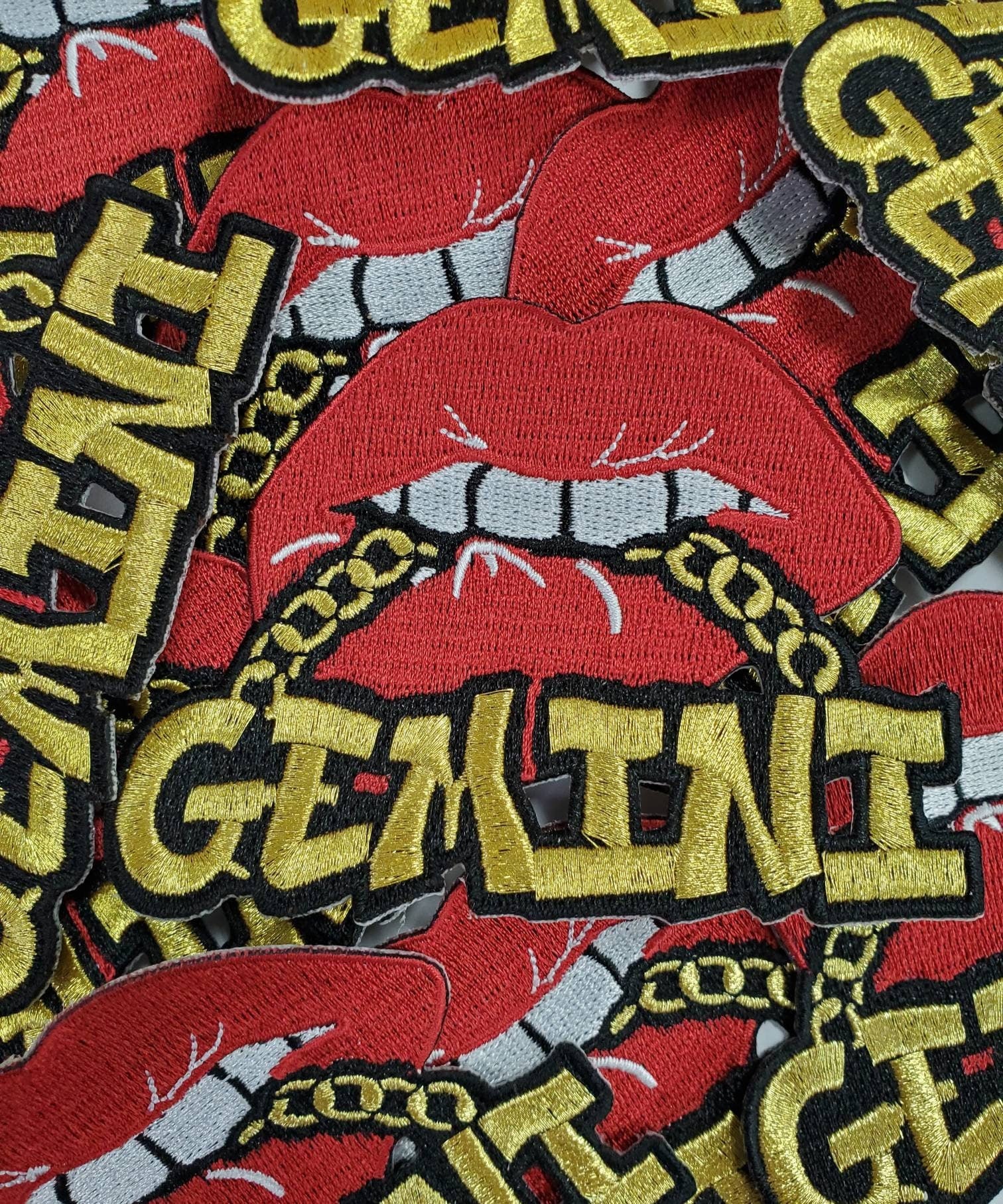 Poppin' Red Lip "Gemini" w/Gold Metallic Chain|Iron-On Patch|Astrology Applique|Cool Embroidered Patch|DIY Patch for Denim & Accessories