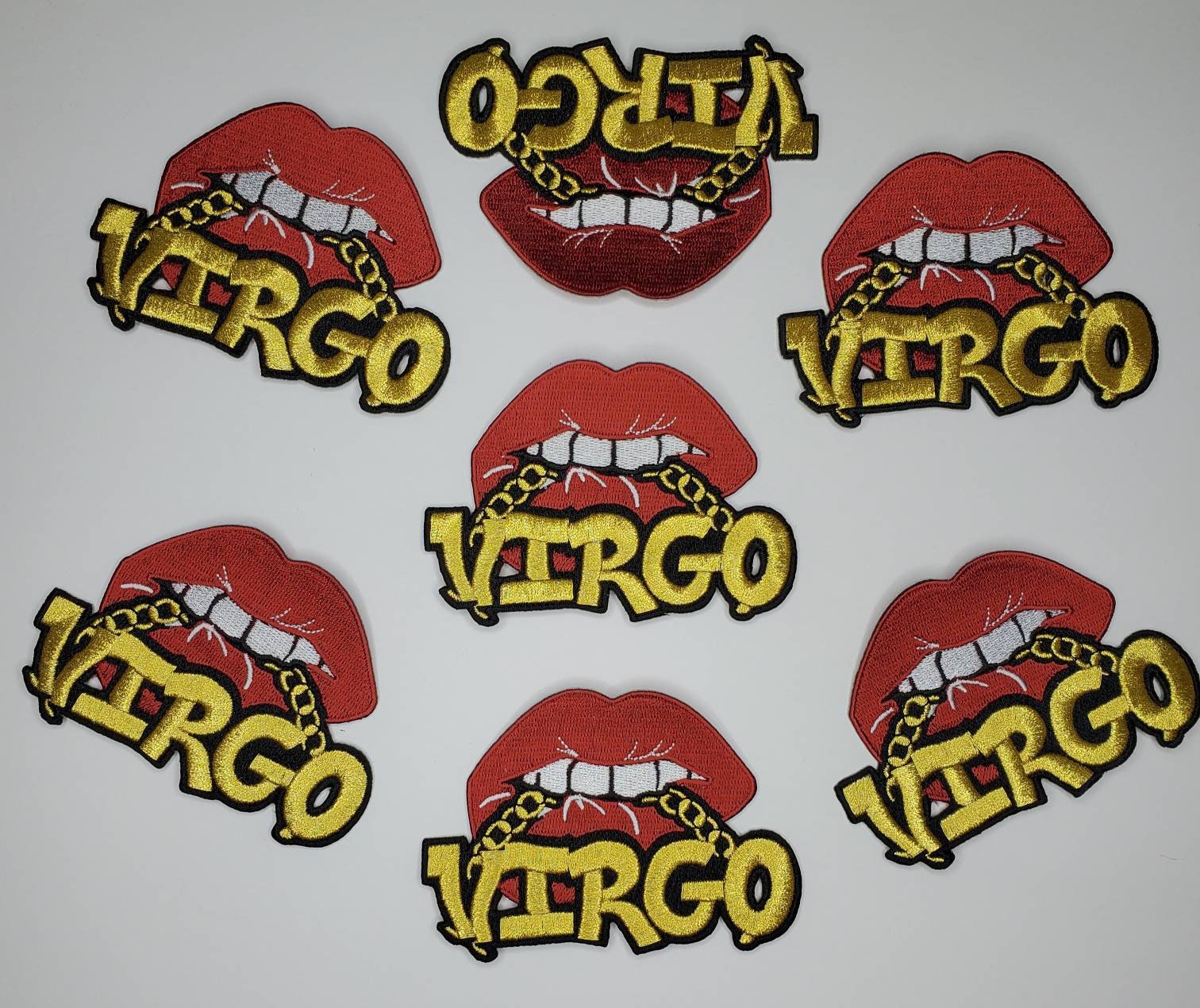 Poppin' Red Lip "Virgo" w/Gold Metallic Chain|Iron-On Patch|Astrology Applique|Cool Embroidered Patch|DIY Patch for Denim & Accessories