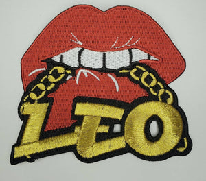 Poppin' Red Lip "Leo" w/Gold Metallic Chain|Iron-On Patch|Astrology Applique|Cool Embroidered Patch|DIY Patch for Denim & Accessories