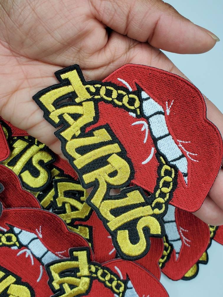 Poppin' Red Lip "Taurus" w/Gold Metallic Chain|Iron-On Patch|Astrology Applique|Cool Embroidered Patch|DIY Patch for Denim & Accessories