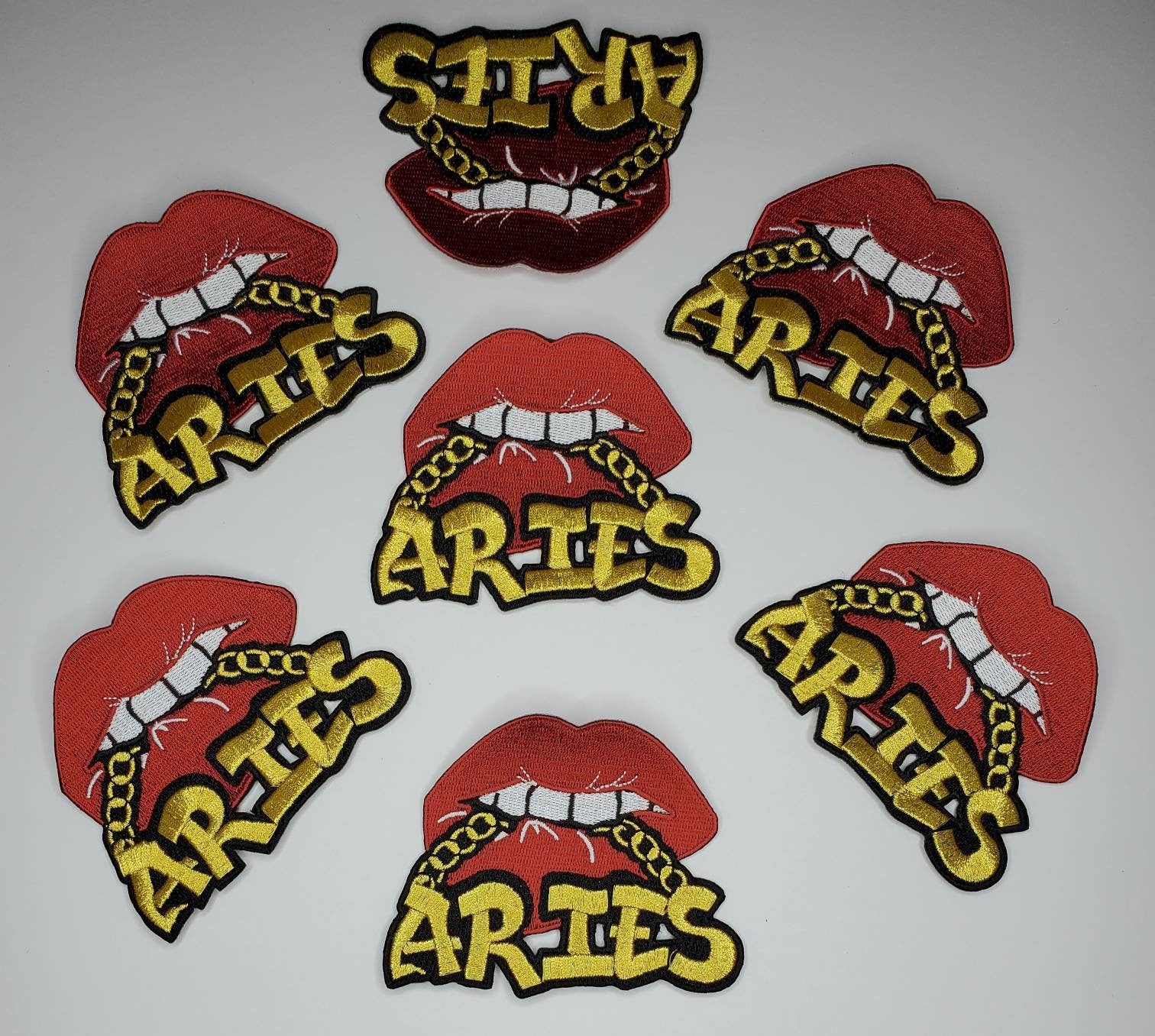 Poppin' Red Lip "Aries" w/Gold Metallic Chain|Iron-On Patch|Astrology Applique|Cool Embroidered Patch|DIY Patch for Denim & Accessories