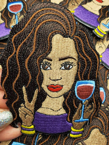 Cute girl patch "But First Wine" Iron-on or Sew-on Embroidered 3D Afrocentric Patch, Exclusive Appliques, Size 4"