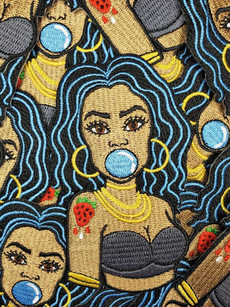 Exclusive 4-inch, Tatted Chic "Blue Hair, Bubble Pop" Iron-on Embroidered Patch; Bubble Poppin' Queen, Strawberry Tatted with Gold Chains