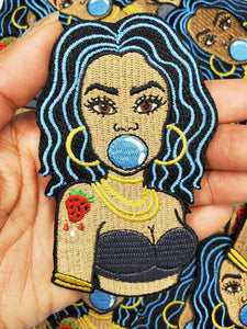 Exclusive 4-inch, Tatted Chic "Blue Hair, Bubble Pop" Iron-on Embroidered Patch; Bubble Poppin' Queen, Strawberry Tatted with Gold Chains