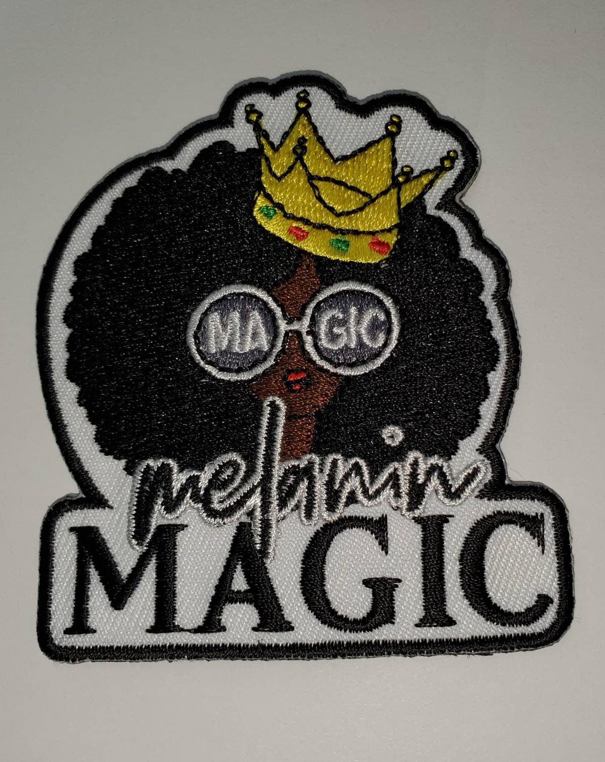 Melanin Magic "Sunglasses" Afro Puff Diva with Crown Patch, Popular Patch, 3.5-inch Iron-on Embroidered Patch; Cool Patch for Apparel