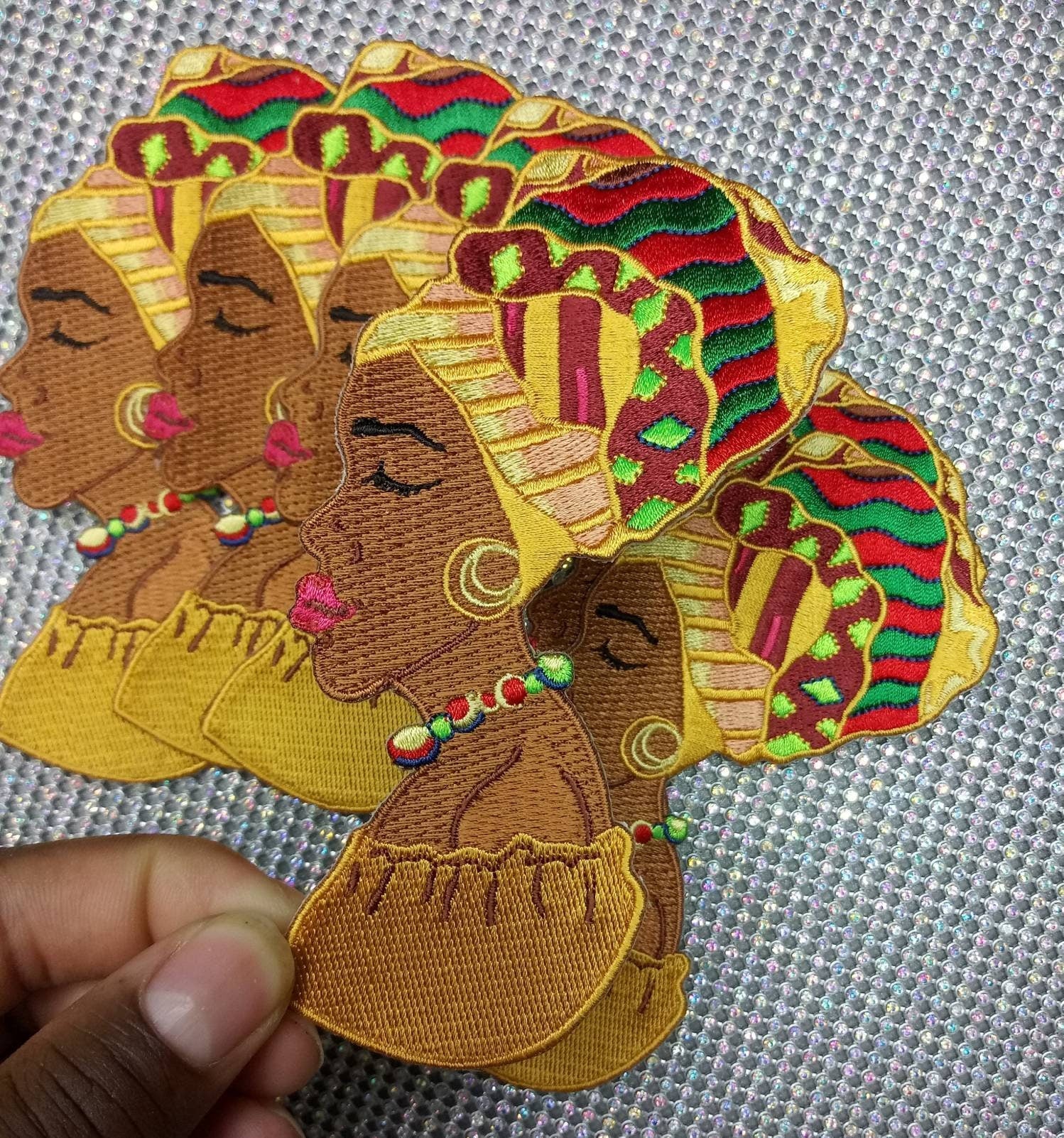 Beautiful, Gold Afrocentric "Mother of the Earth" 5" Iron-on Embroidered 3D Patch; Headwrap Queen, Kente Cloth Head Wrap, Afropunk Applique