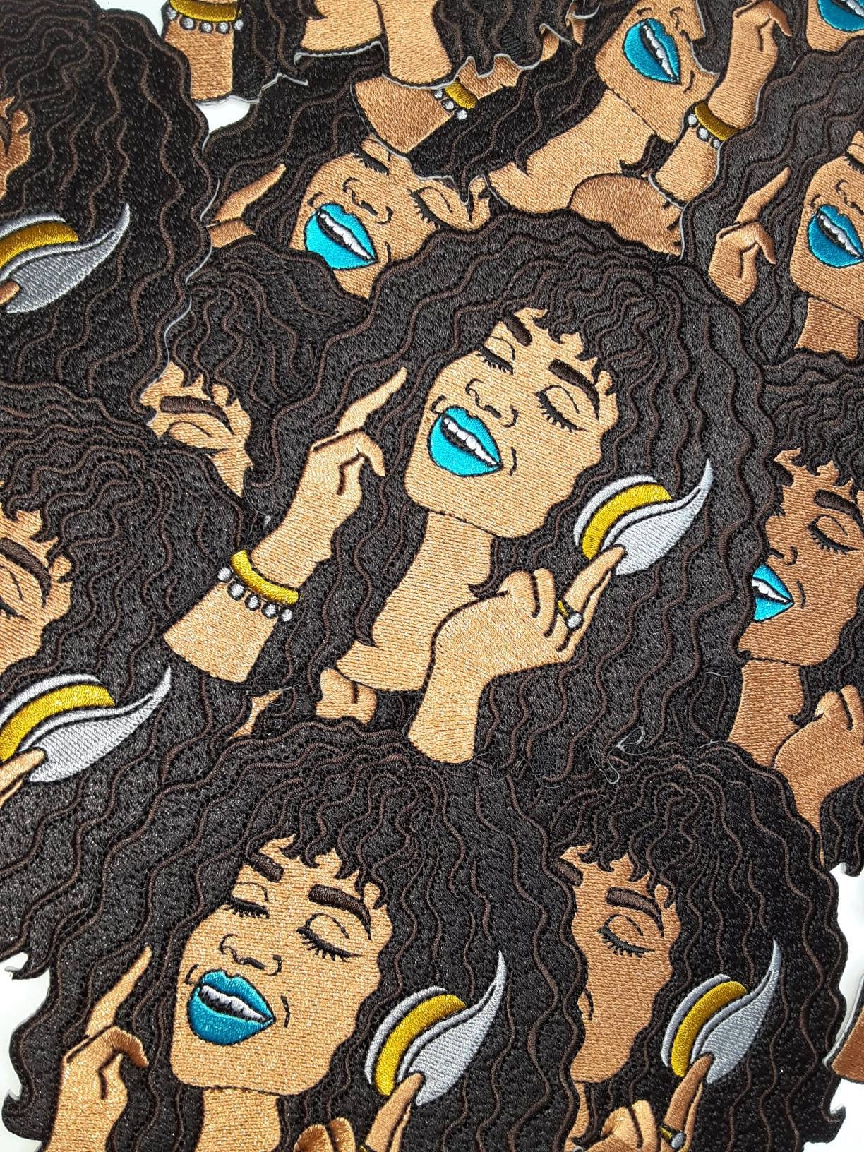 Sassy Chic "Groovin 2 Da Music" with Poppin Blue Lipgloss, Iron or Sew-on Embroidered 3D Afrocentric Patch, Exclusive Appliques, Size 4.5"