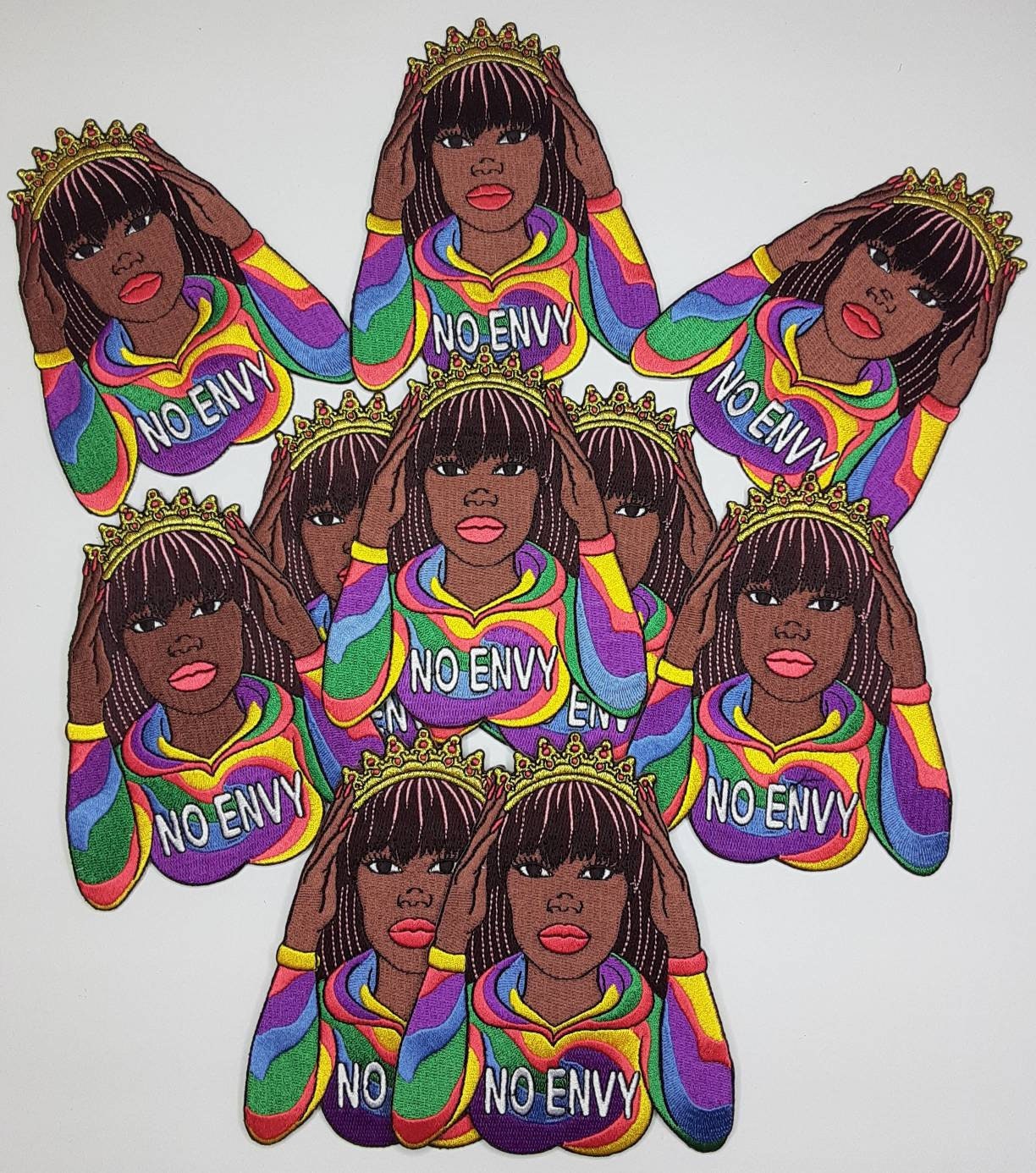 Crowned Diva "No Envy" with Tie-dyed Hoodie, Iron or Sew-on Embroidered 3D Afrocentric Patch, Exclusive Appliques, Size 4.5"