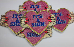 Cute "It's a Sign" Heart Sign Patch, Sparkly Applique Size 4"x4" inch, Iron on Embroidered Applique; Popular Patches, Patch for Jacket
