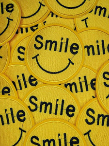 Bright Yellow "SMILE" Circular Badge, Iron-on  Embroidered Patch, Cool Patch for Clothing, 3-inch x 3-inch badge, Single Stitch Design