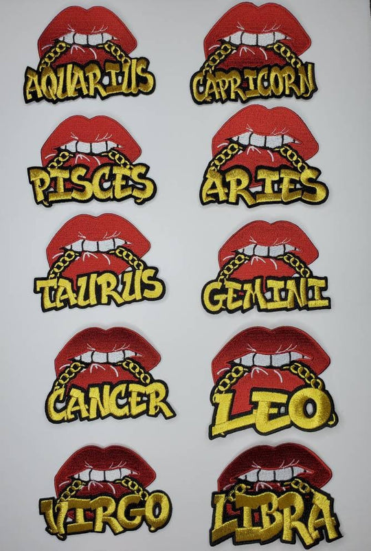 12-Pc Set|Poppin' Lip and Metallic Chain Iron-On Patch Set, Zodiac Set|Astrology Appliques|Cool Embroidered Patches|DIY Patches