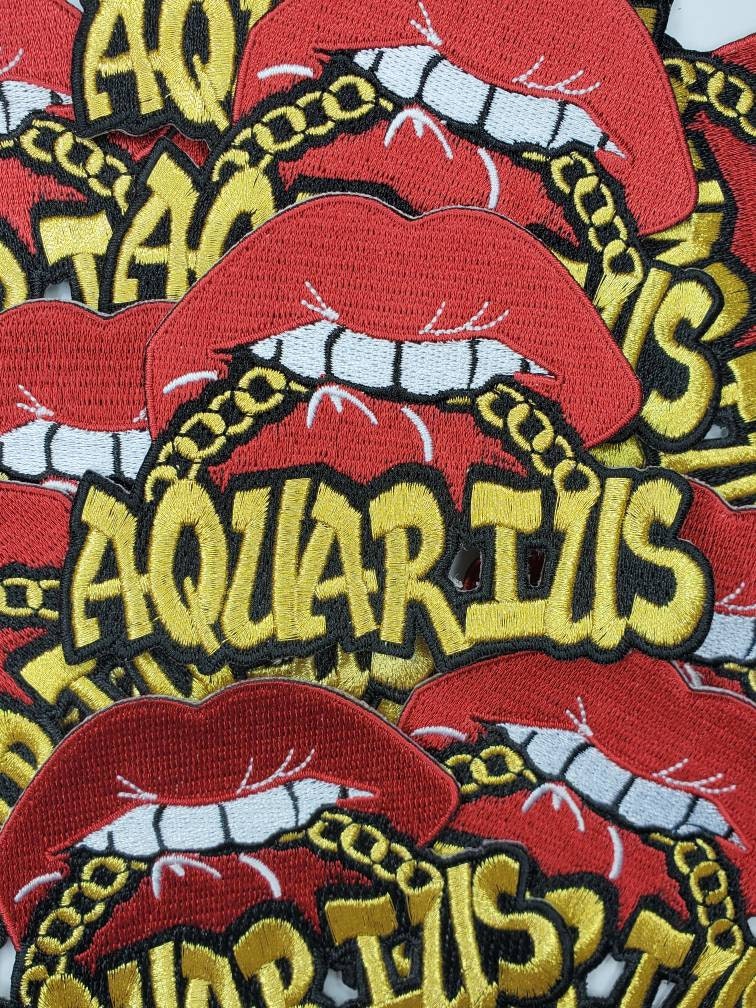 Poppin' Red Lip "Aquarius" w/Gold Metallic Chain|Iron-On Patch|Astrology Applique|Cool Embroidered Patch|DIY Patch for Denim and Accessories