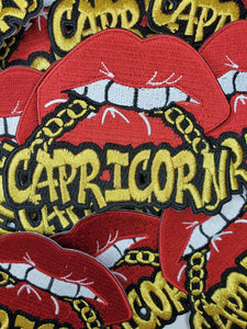Poppin' Red Lip "Capricorn" w/Gold Metallic Chain|Iron-On Patch|Astrology Applique|Cool Embroidered Patch|DIY Patch for Denim & Accessories