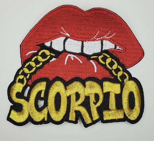 Poppin' Red Lip "Scorpio" w/Gold Metallic Chain|Iron-On Patch|Astrology Applique|Cool Embroidered Patch|DIY Patch for Denim & Accessories
