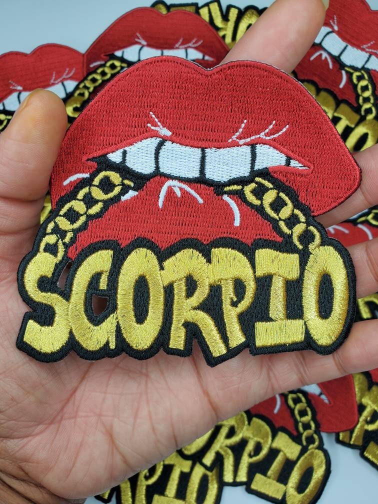 Poppin' Red Lip "Scorpio" w/Gold Metallic Chain|Iron-On Patch|Astrology Applique|Cool Embroidered Patch|DIY Patch for Denim & Accessories