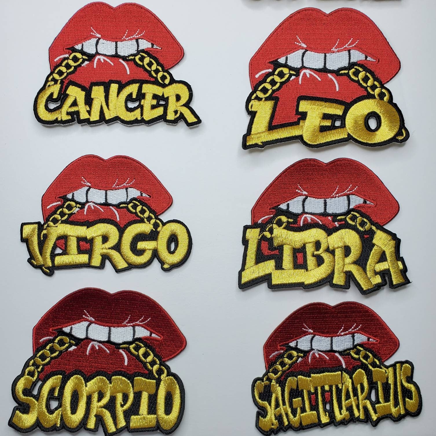 Poppin' Red Lip "Scorpio" w/Gold Metallic Chain|Iron-On Patch|Astrology Applique|Cool Embroidered Patch|DIY Patch for Denim & Accessories