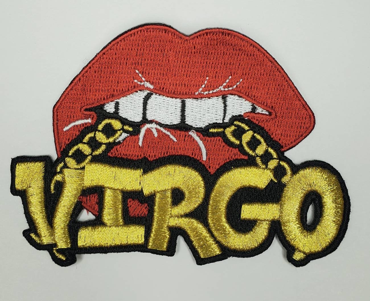 Poppin' Red Lip "Virgo" w/Gold Metallic Chain|Iron-On Patch|Astrology Applique|Cool Embroidered Patch|DIY Patch for Denim & Accessories