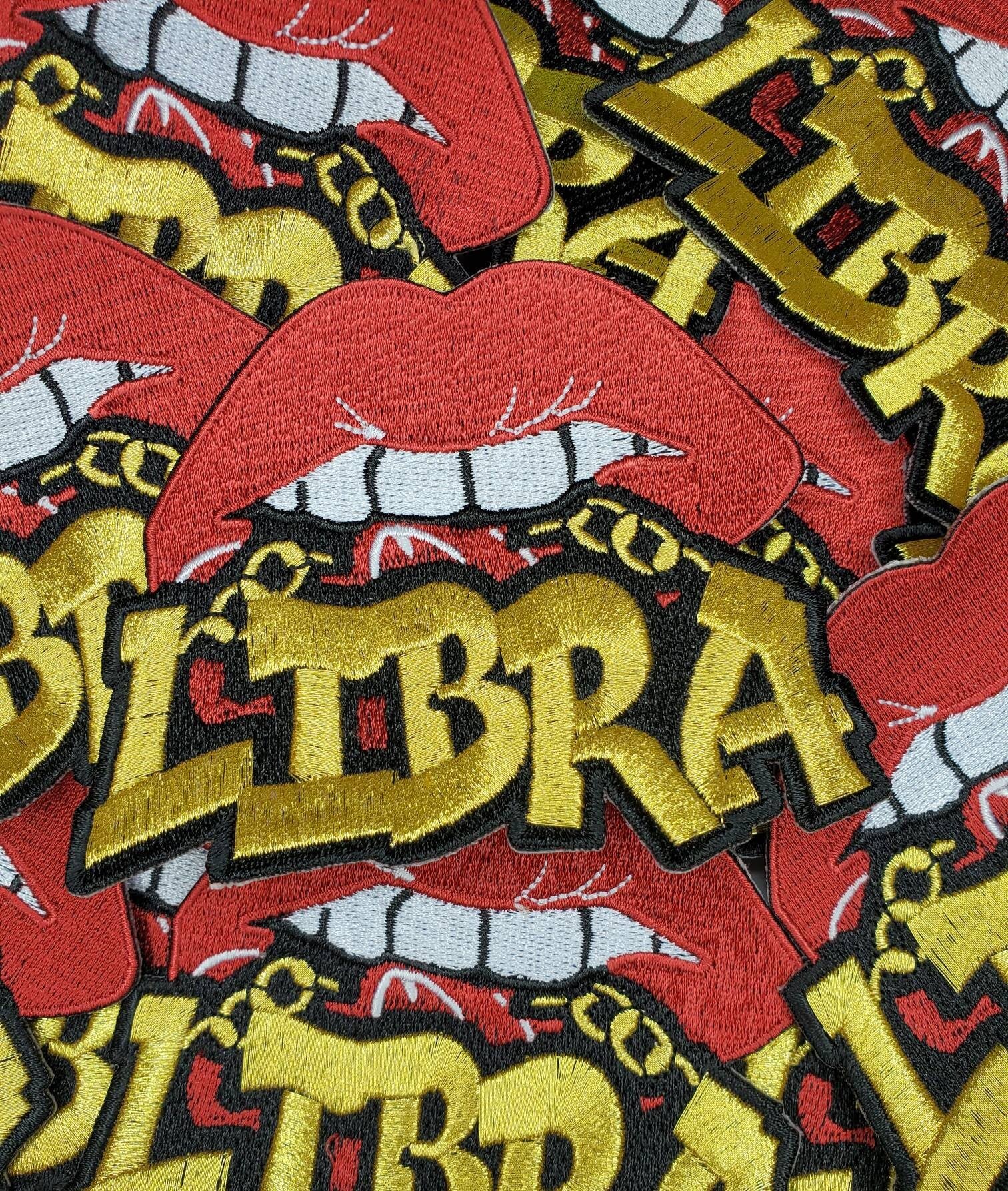 Poppin' Red Lip "Libra" w/Gold Metallic Chain|Iron-On Patch|Astrology Applique|Cool Embroidered Patch|DIY Patch for Denim & Accessories