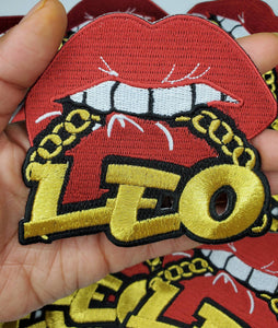 Poppin' Red Lip "Leo" w/Gold Metallic Chain|Iron-On Patch|Astrology Applique|Cool Embroidered Patch|DIY Patch for Denim & Accessories