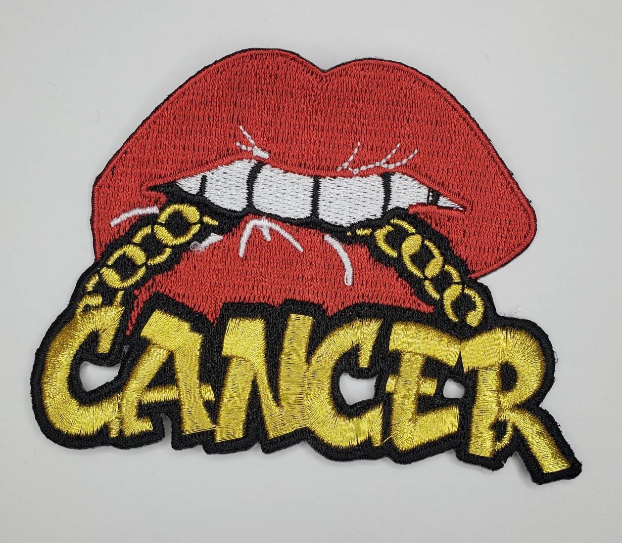 Poppin' Red Lip "Cancer" w/Gold Metallic Chain|Iron-On Patch|Astrology Applique|Cool Embroidered Patch|DIY Patch for Denim & Accessories