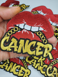 Poppin' Red Lip "Cancer" w/Gold Metallic Chain|Iron-On Patch|Astrology Applique|Cool Embroidered Patch|DIY Patch for Denim & Accessories