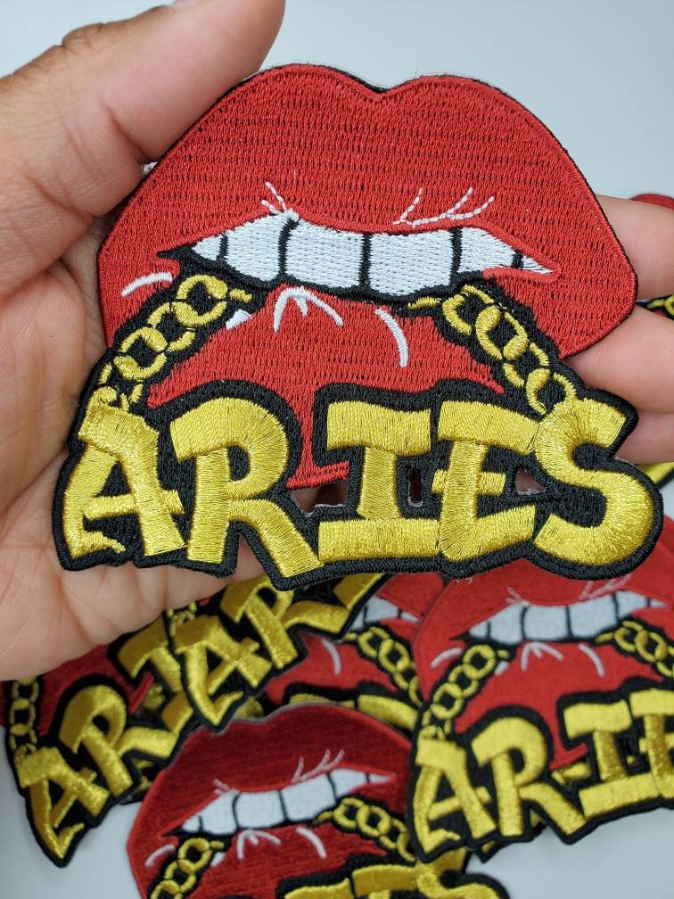 Poppin' Red Lip "Aries" w/Gold Metallic Chain|Iron-On Patch|Astrology Applique|Cool Embroidered Patch|DIY Patch for Denim & Accessories