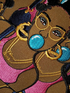 Navy Blue Jumpsuit, "Bubble Pop" EXCLUSIVE, 4" Iron-on Embroidered Patch; Hip-hoppin', Bubble Poppin' Queen, Black Girl Magic