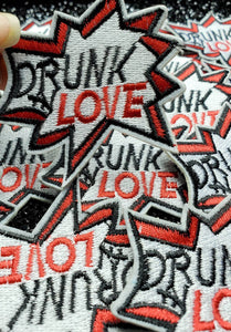 Starburst, "Drunk N Love" Patch, 3-inch, Iron or Sew on Embroidered Patch;Popular patches, Patches for Jackets; Red, White & Black Applique