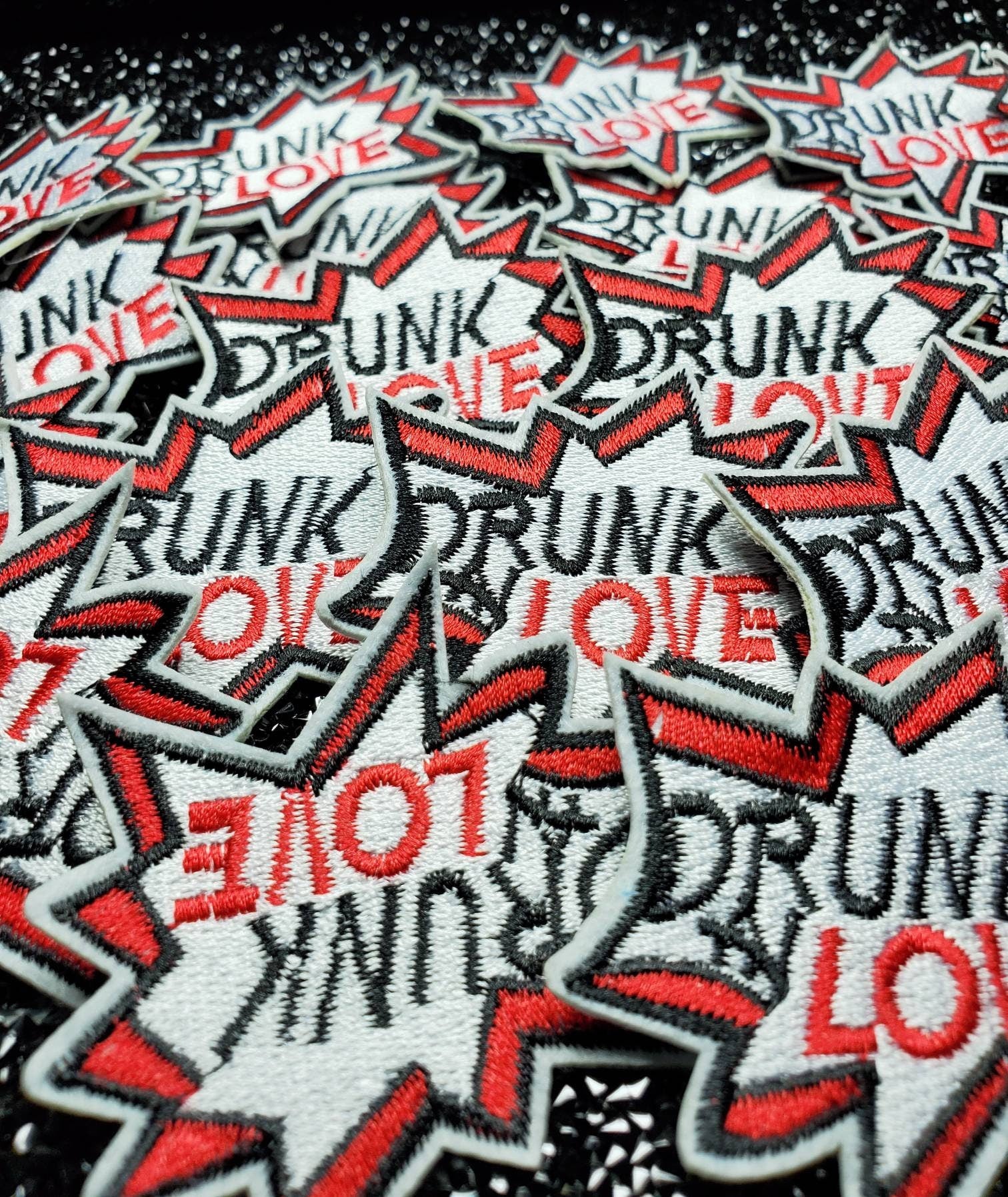 Starburst, "Drunk N Love" Patch, 3-inch, Iron or Sew on Embroidered Patch;Popular patches, Patches for Jackets; Red, White & Black Applique
