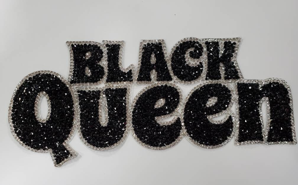 NEW, Blinged Out "Black Queen" Rhinestone Patch with Adhesive, Rhinestone Applique, Size 9"x4", Czech Rhinestone Patch
