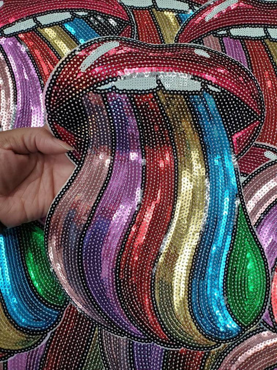 NEW Sequins "Taste of Color" Red Lip & Tongue Patch (iron-on) Size 12", LARGE Patch for Denim Jacket, Shirts, Hoodies, Camo, and More, DIY