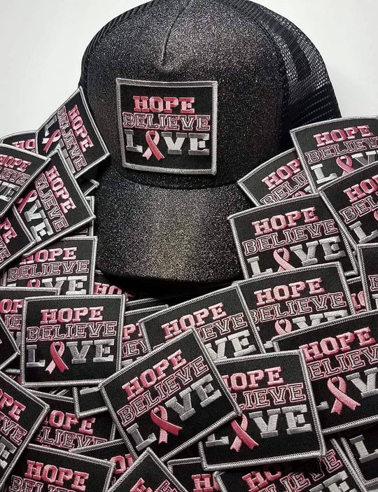 Breast Cancer 3x3-inch Embroidered Patch "Hope, Believe, Love" Iron or Sew-on, Cancer  Patch/Applique, Pink, Metallic Silver, and Black