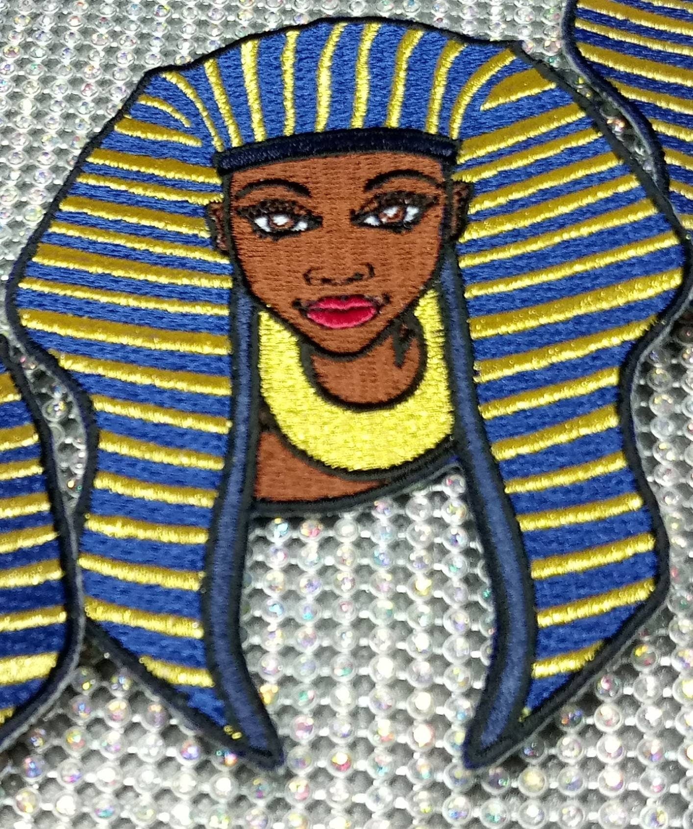 Gorgeous Metallic "Nefertiti Queen" Patch, Size 4-inches, Iron-on Embroidered Afrocentric Patch; Cute Black Girl Patch, Blue and Gold