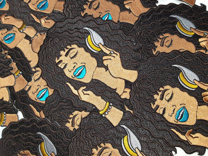 Sassy Chic "Groovin 2 Da Music" with Poppin Blue Lipgloss, Iron or Sew-on Embroidered 3D Afrocentric Patch, Exclusive Appliques, Size 4.5"